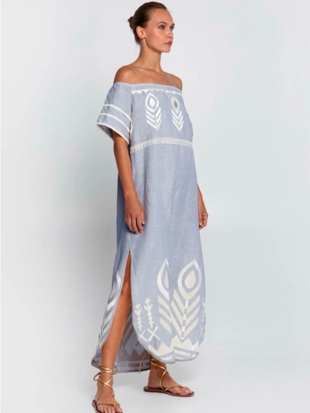 GREEK ARCHAIC KORI Light Grey Champagne linen Feather Embroidered Dress Medium